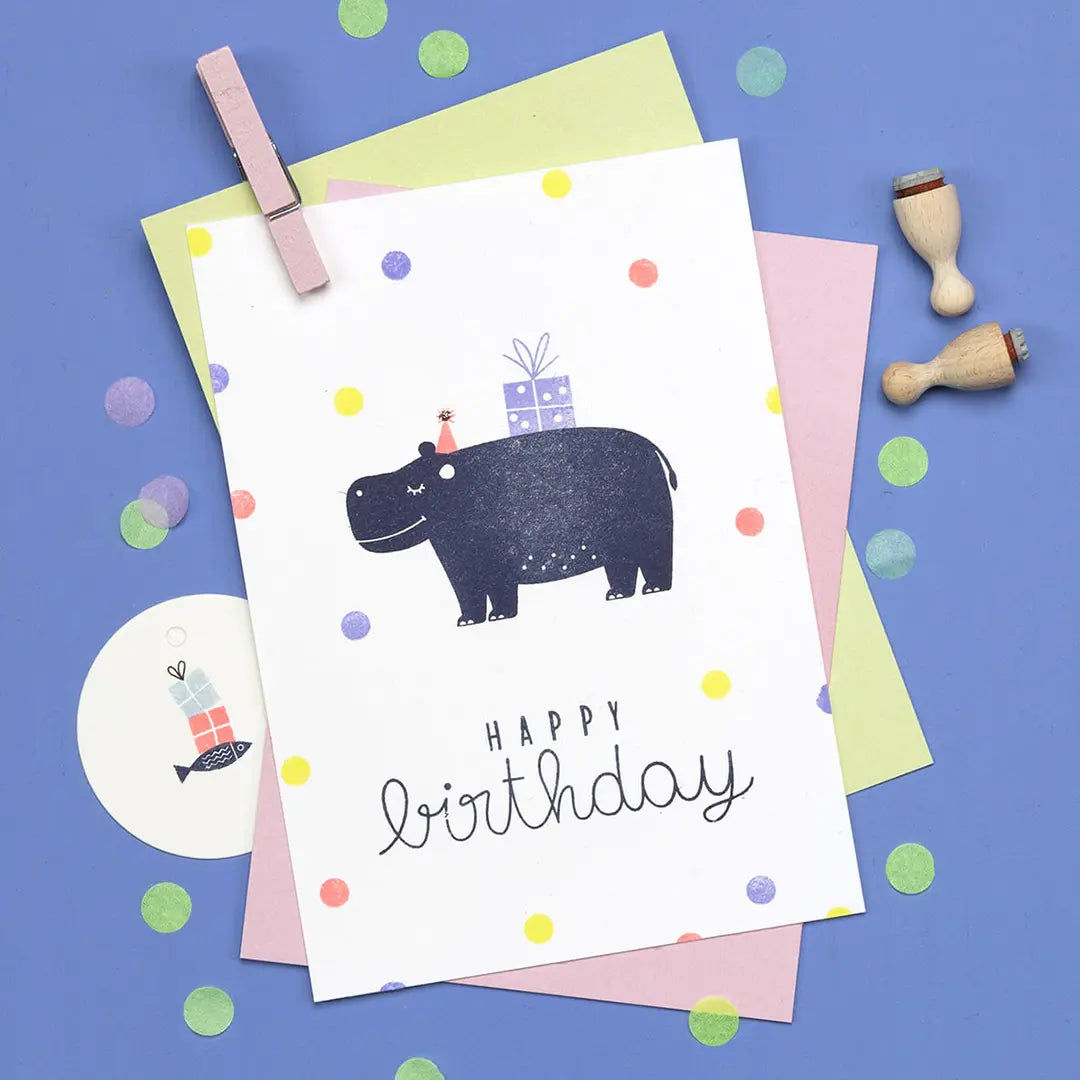 Stempel Kinder Stempel zum Kindergeburtstag Stempel Happy Birthday Stempel Nilpferd Stempel Geschenk Stempel Konfetti Punkte