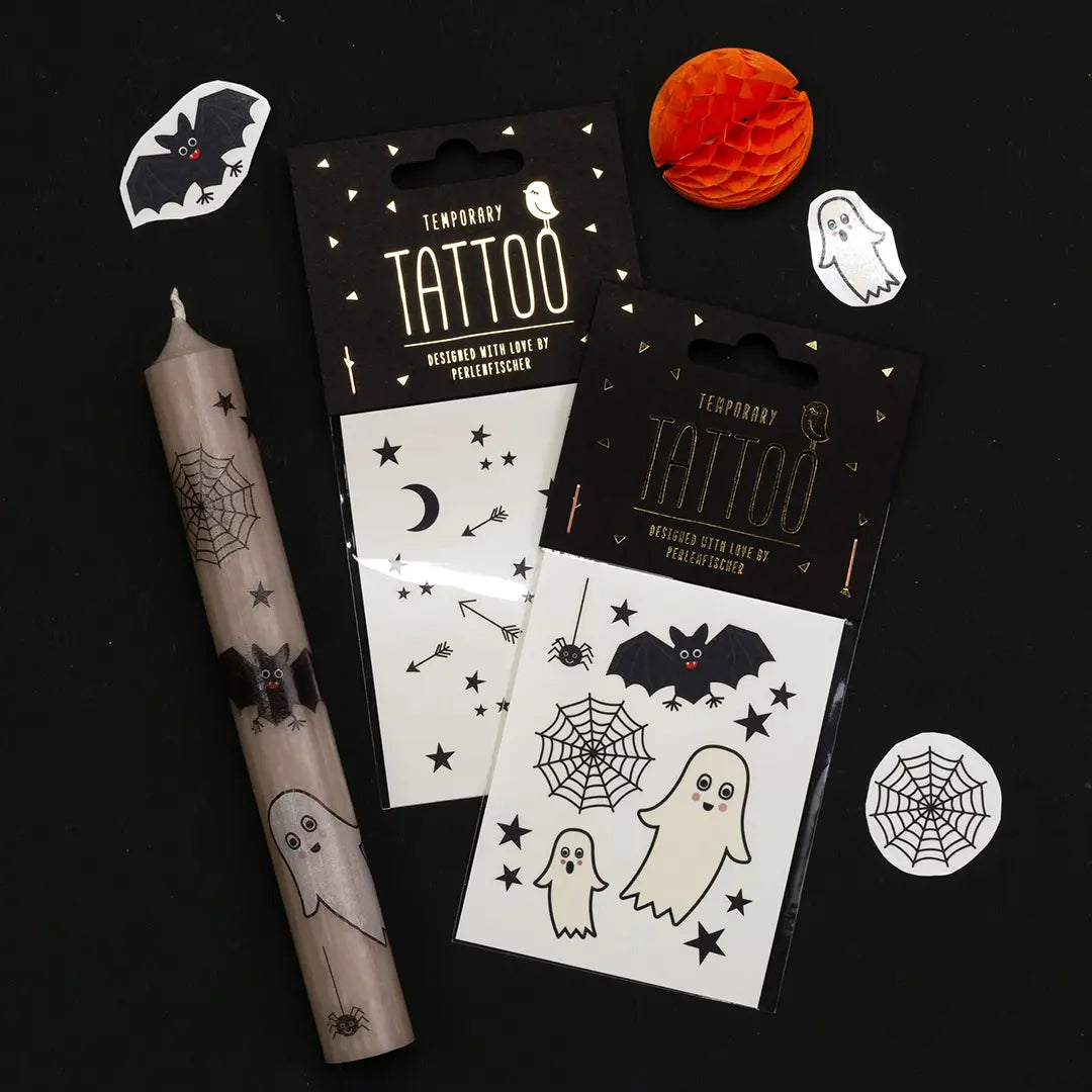 Stempel Kinder Temporäre Tattoos für Kinder Tattoos zu Halloween Kerzen bekleben Gespenst Tattoo Spinnen Tattoos Spinnennetz Tatoo Fledermaus Tattoo Sterne