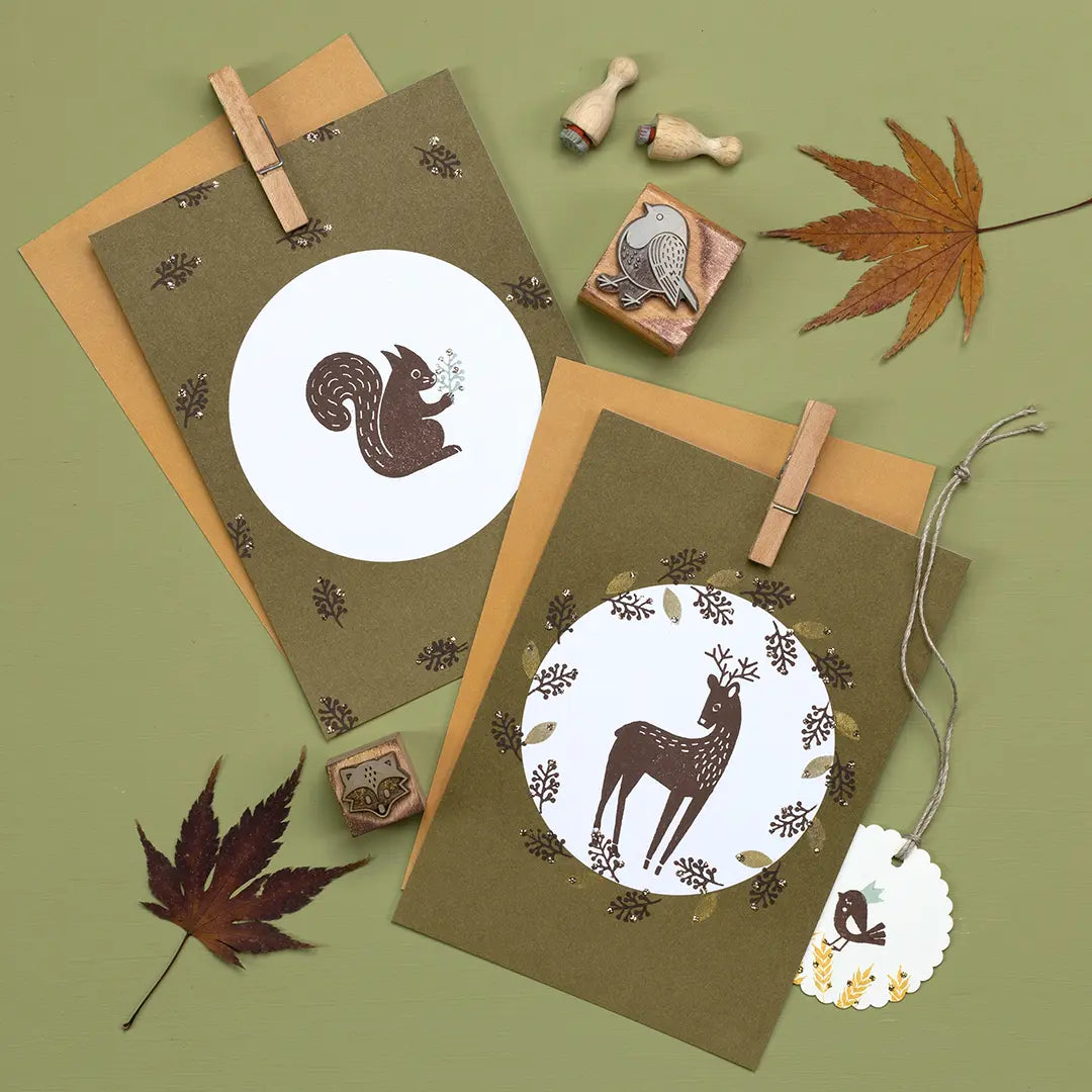 Stempel Herbst & Wald Stempel Reh Waldtiere Stempel Eichhörnchen Moosfarbene Karten stempeln Stempel Fuchs Äste Stempel Vogel