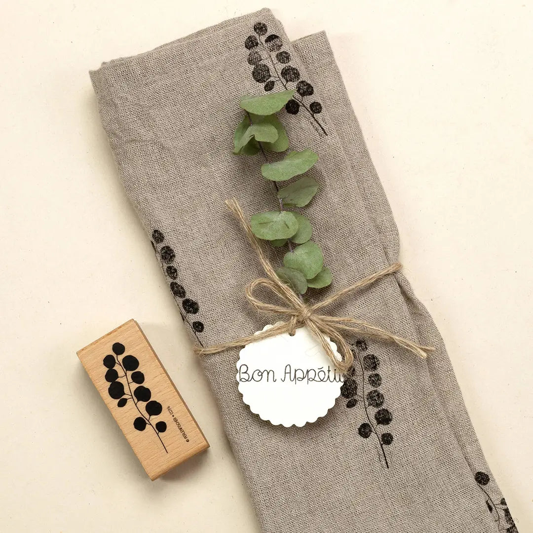Stempel Herbst & Wald Stoffstempelfarbe Stempel Eukalyptus auf Stoffserviette stempeln Blätter Stempel