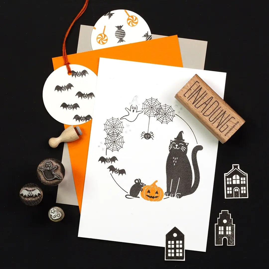 halloween stempel katze stempel kürbis stempel spinne stempel bonbon halloweenkarte stempeln einladungskarte halloween