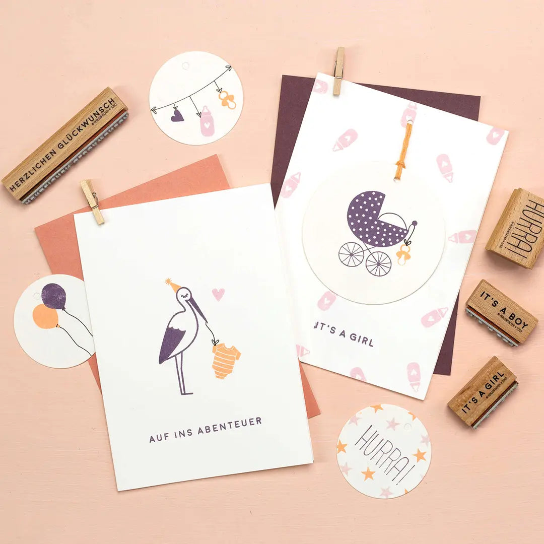 Textstempel zur Geburt Stempel Auf ins Abenteuer Stempel Its a girl Stempel Hurra Stempel Herzlichen Glückwunsch