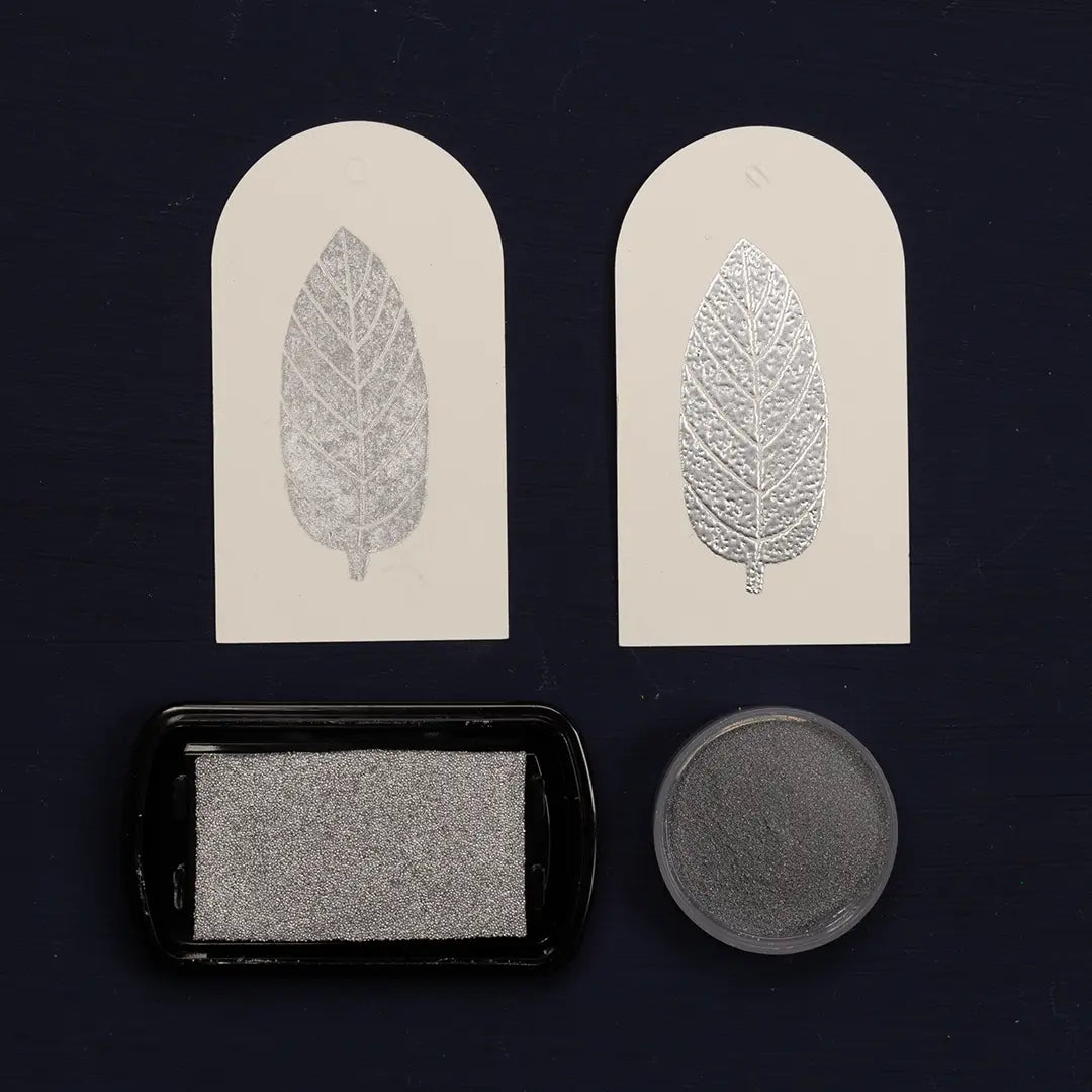 Embossing pulver silber embossing stempelkissen silber embossing stempel farn glitzernder stempelabdruck embossing technik papieranhänger geschenkanhänger