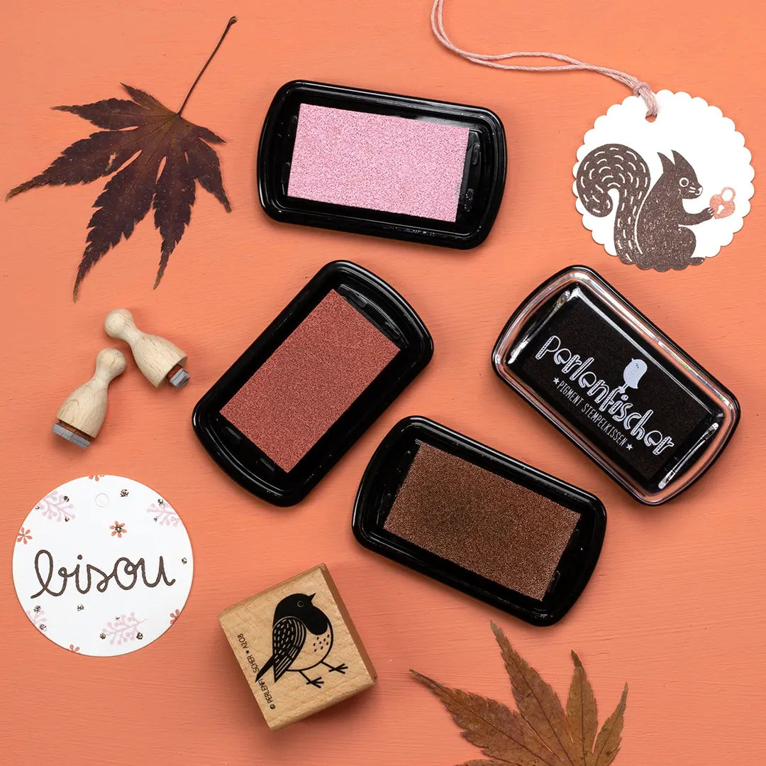 Textstempel Stempel Bisou und Stempelkissen und Stempelfarben