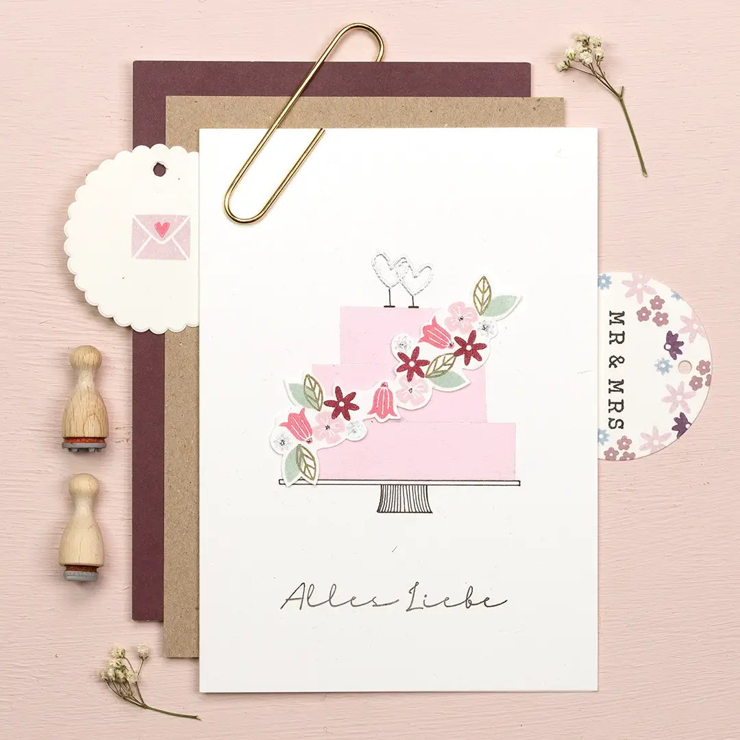 stempel hochzeit kreative hochzeitskarten masking tape stempel blumen hochzeitstorte basteln