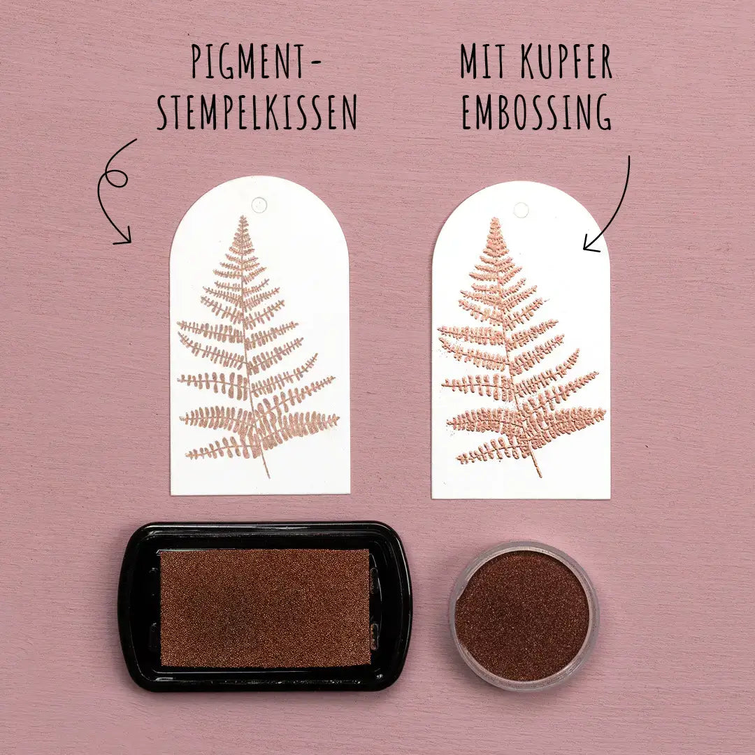Embossing pulver kupfer stempelkissen rosé gold stempel farn glitzernder stempelabdruck embossing technik papieranhänger geschenkanhänger