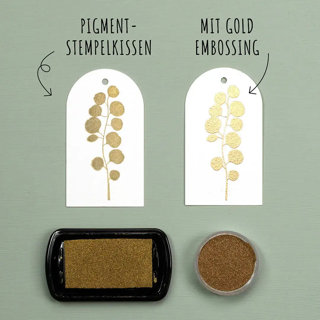 Embossing pulver gold stempelkissen gold stempel eukalyptus glitzernder stempelabdruck embossing technik papieranhänger geschenkanhänger