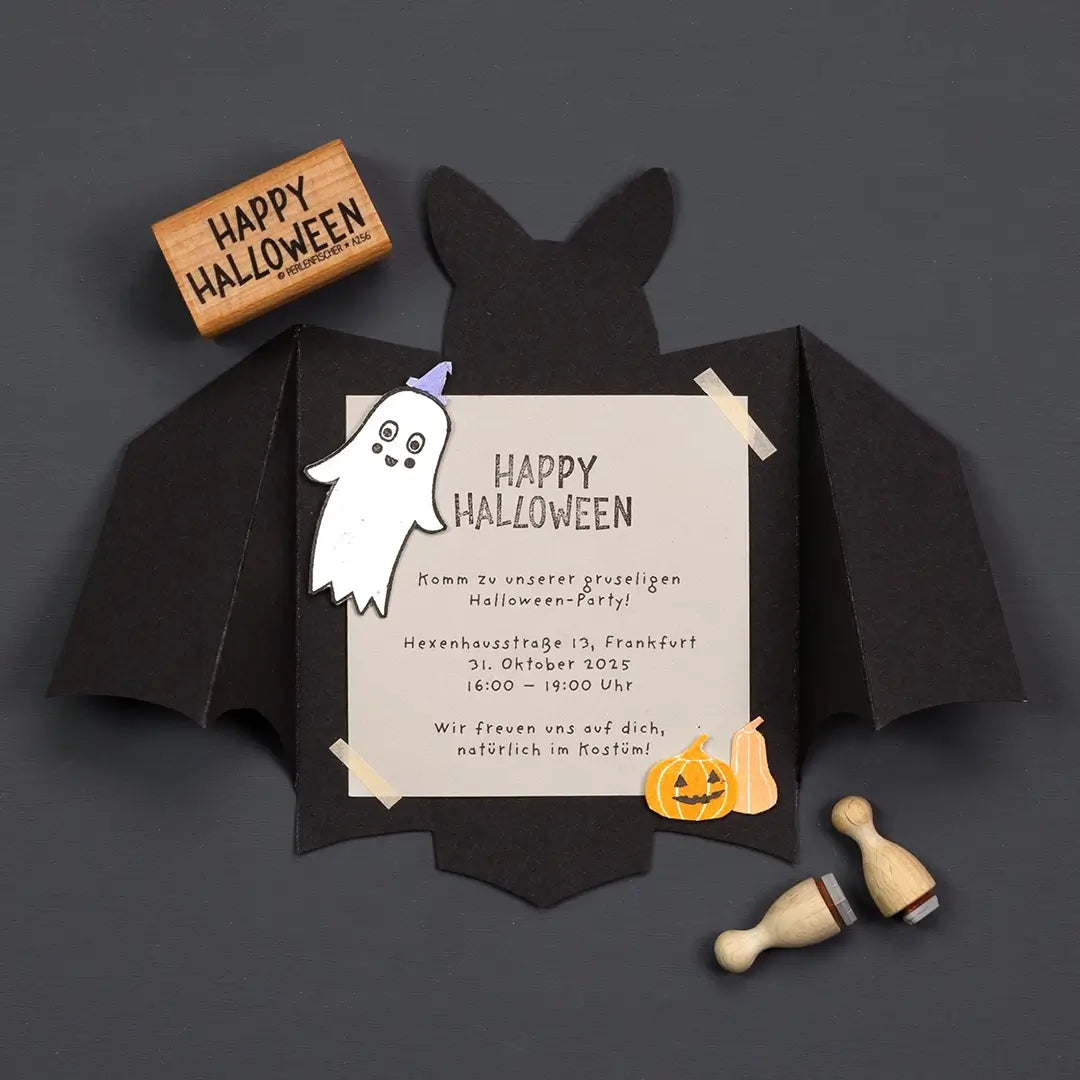 stempel halloween stempel happy halloween stempel gespenst stempel geist stempel kürbis stempel fratze stempel diy halloweeneinladung basteln fledermaus karte falten