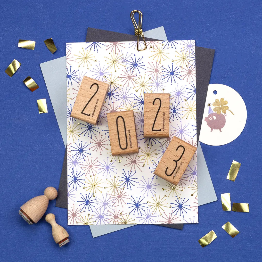 Stempel Silvester Silvestergrüße Stempelset Zahlen Neujahr stempeln Stempel Sterne Stempel Schneeflocke Stempel Glück Stempel Kleeblatt