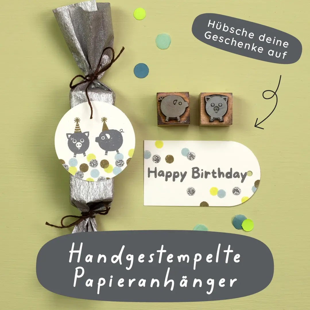 stempel geburtstag stempel happy birthday stempel geschenke stempel geburtstagsanhänger stempel geschenkanhänger papieranhänger stempel glücksschwein 