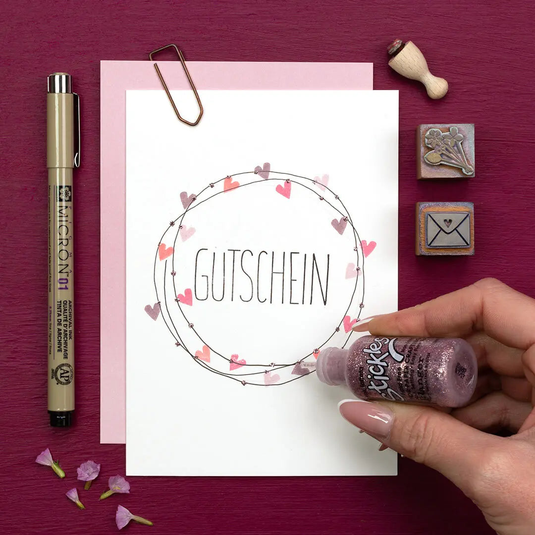 stempel gutschein stempel bumen stempel blumenstrauss stempel herz glitzerkleber geschenk diy