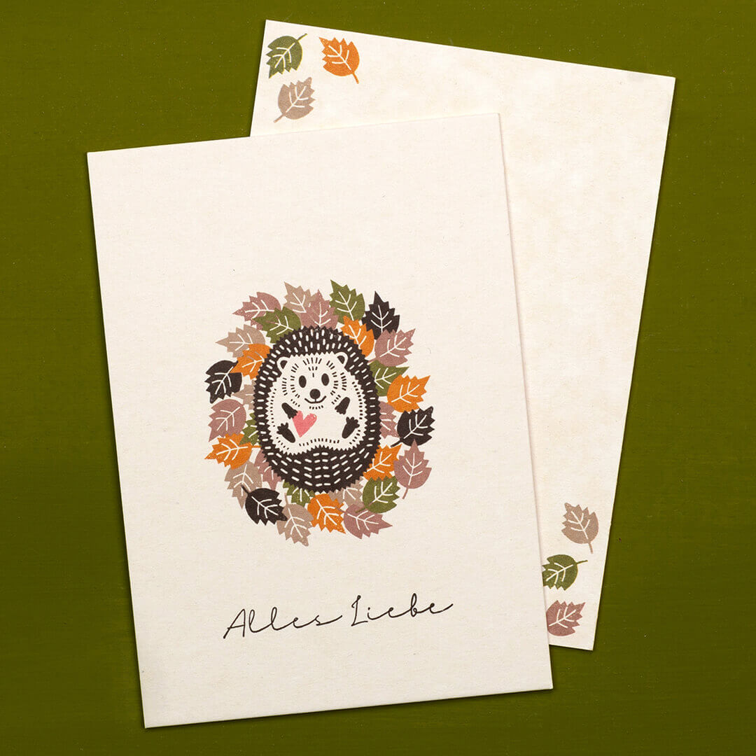 Greeting card | Hedgehog in a whirlwind of leaves