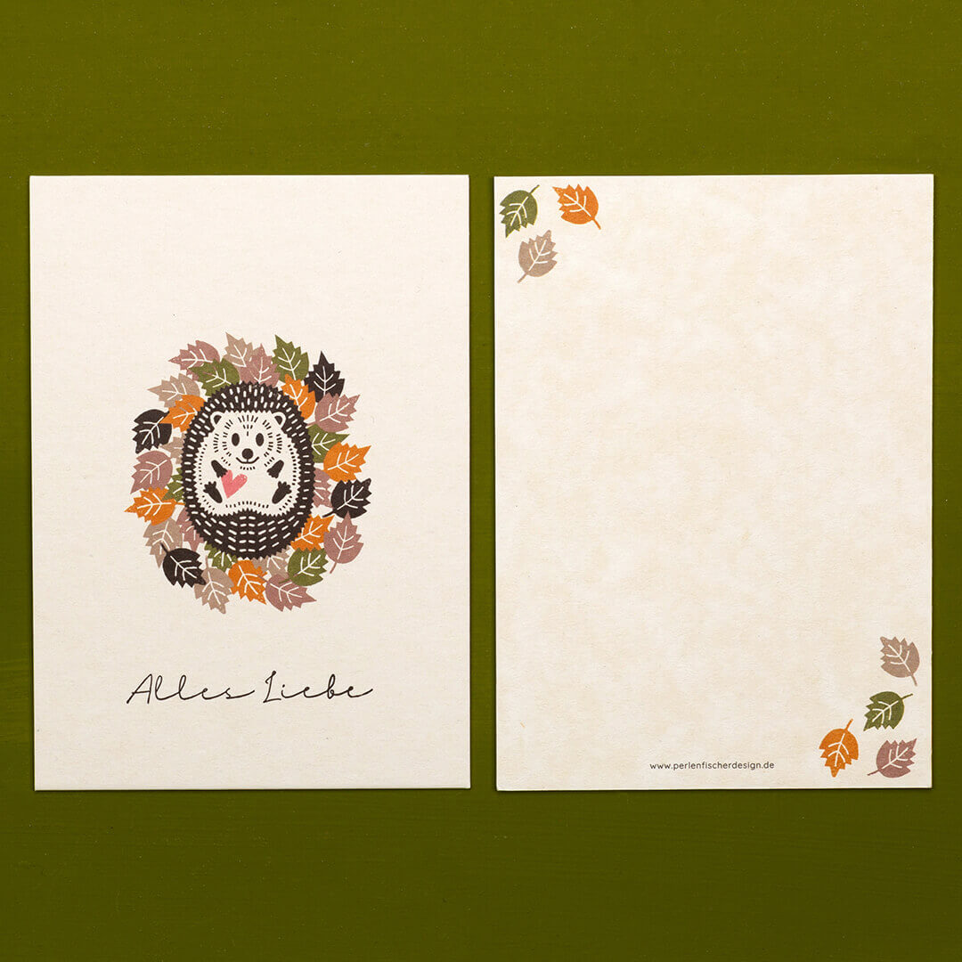 Greeting card | Hedgehog in a whirlwind of leaves